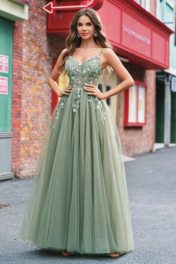 Green A Line Corset Sequin Tulle Long Formal Dress with Lace Up Back